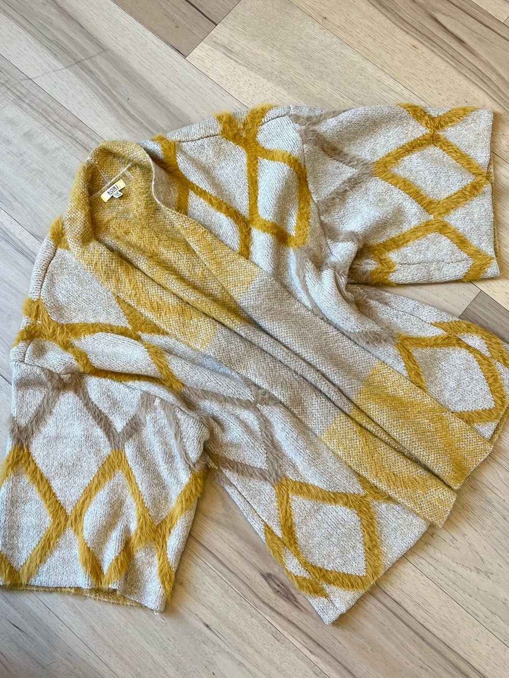Kori Open-Front Diamond Pattern Cardigan - Mustard & Beige